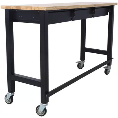 60 In. W X 20 In. D Black Workbench Table with Drawers, Solid Wood Top and Wheels for Garage Home Office