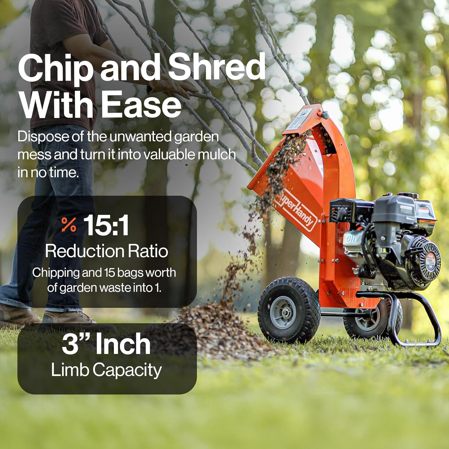 Mini Wood Chipper Shredder Mulcher Heavy Duty 7HP Compact Design 3" Inch Max Capacity