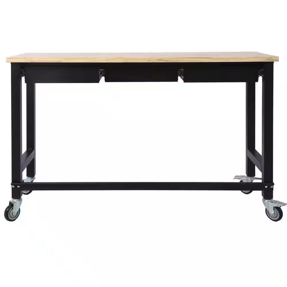 60 In. W X 20 In. D Black Workbench Table with Drawers, Solid Wood Top and Wheels for Garage Home Office