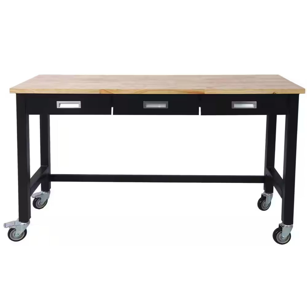 60 In. W X 20 In. D Black Workbench Table with Drawers, Solid Wood Top and Wheels for Garage Home Office