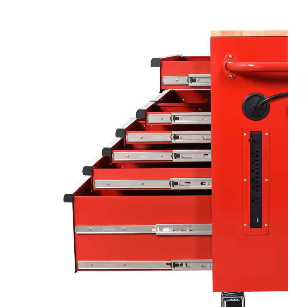 52 In. W 10-Drawer Gloss Red Mobile Workbench Cabinet with Solid Wood Top and Pegboard