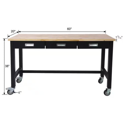 60 In. W X 20 In. D Black Workbench Table with Drawers, Solid Wood Top and Wheels for Garage Home Office