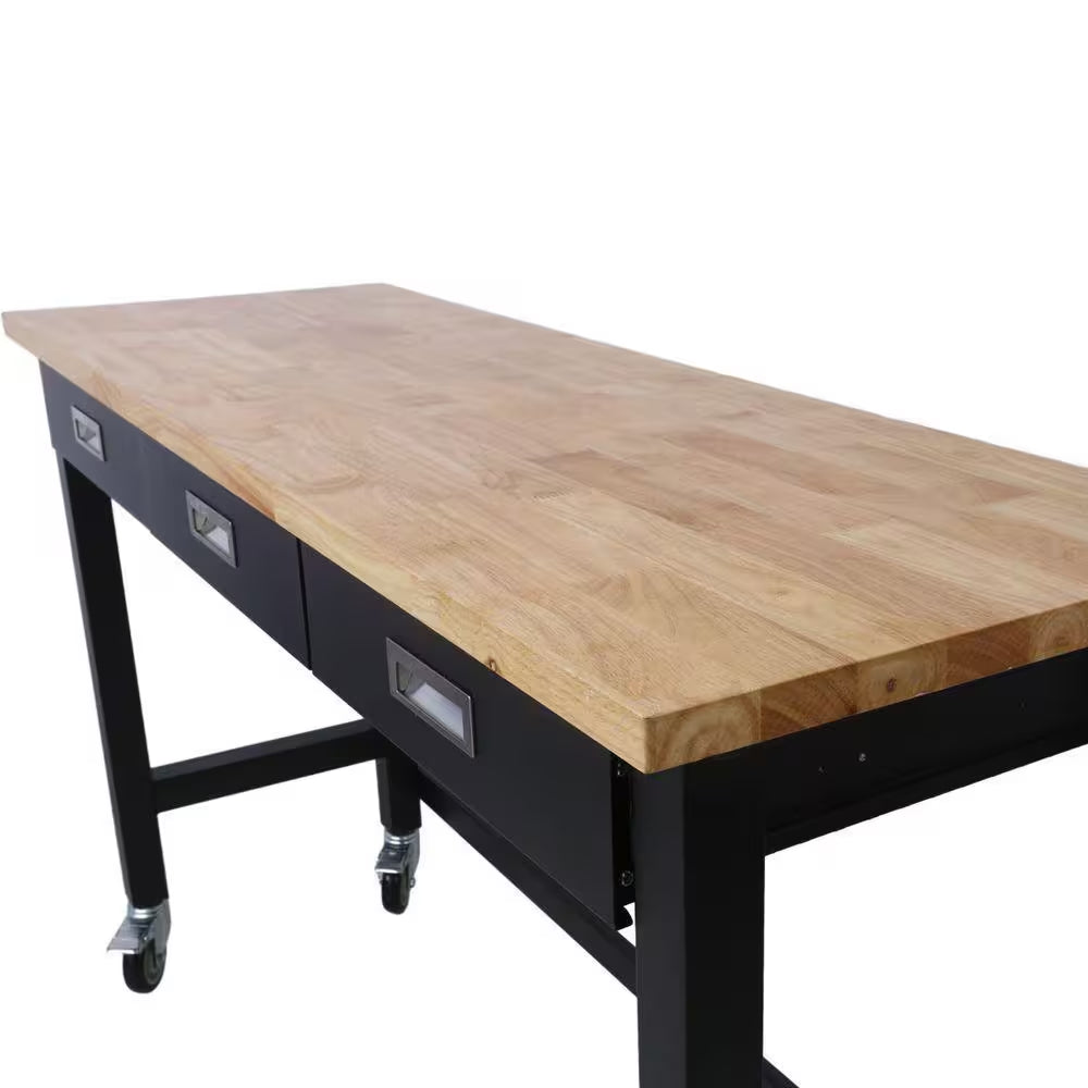 60 In. W X 20 In. D Black Workbench Table with Drawers, Solid Wood Top and Wheels for Garage Home Office