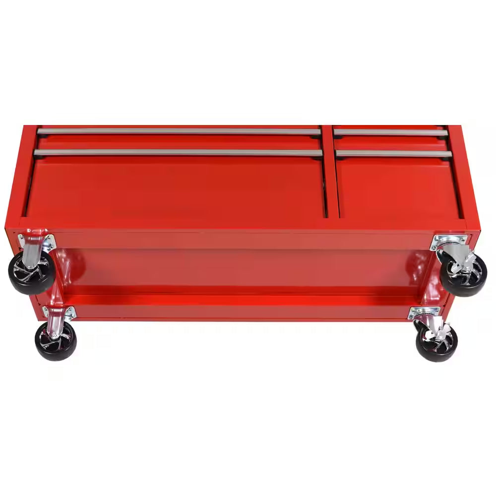 52 In. W 10-Drawer Gloss Red Mobile Workbench Cabinet with Solid Wood Top and Pegboard