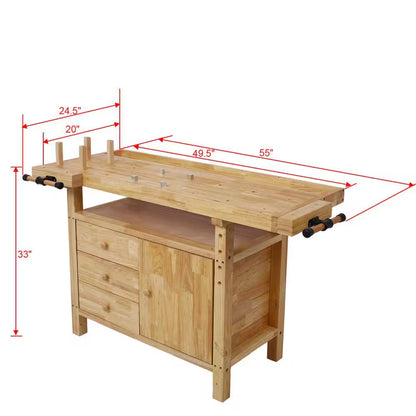 50 In. Wood Workbench Woodworking Bench with 3-Drawers