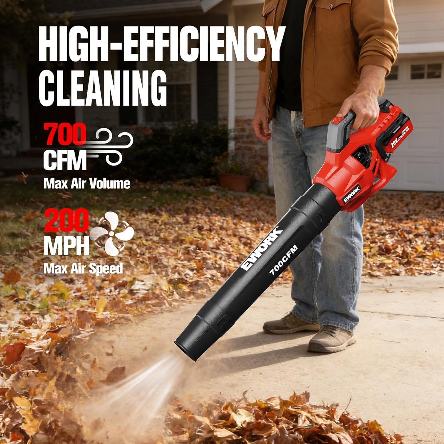20V Cordless Leaf Blower, Heavy Duty 700CFM 200MPH Electric Leaf Blower with 2 X 4.0Ah Batteries & Fast Charger, 2-Speed Adjustable for Patio, Garden, Yard and Snow Blowing