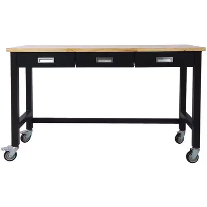 60 In. W X 20 In. D Black Workbench Table with Drawers, Solid Wood Top and Wheels for Garage Home Office