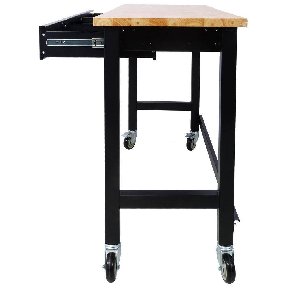 60 In. W X 20 In. D Black Workbench Table with Drawers, Solid Wood Top and Wheels for Garage Home Office