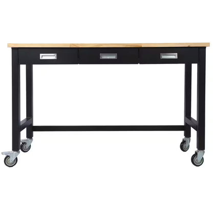 60 In. W X 20 In. D Black Workbench Table with Drawers, Solid Wood Top and Wheels for Garage Home Office
